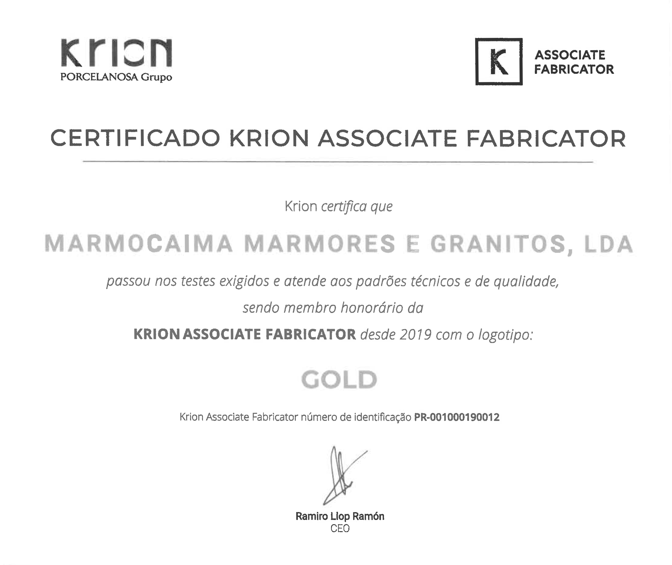 Certificado Krion Associate Fabricator